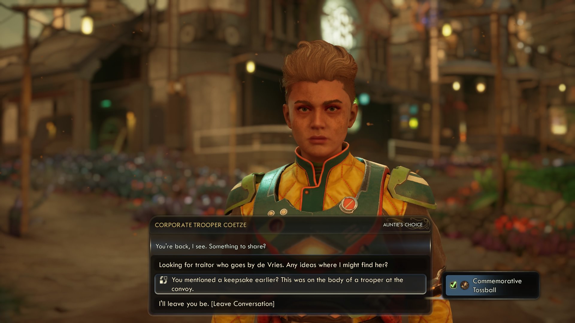 The Outer Worlds 2 screenshot showing the player has found a commemorative tossball to give to a guard