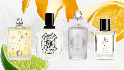 A collage of citrus perfumes featured in this round-up, including Escentric Molecules Cologne One, Diptyque Orphéon, Penhaligon's Luna and Jo Loves Pomelo, in a white and grey background with stock images of a lime slice and half an orange along with its peel