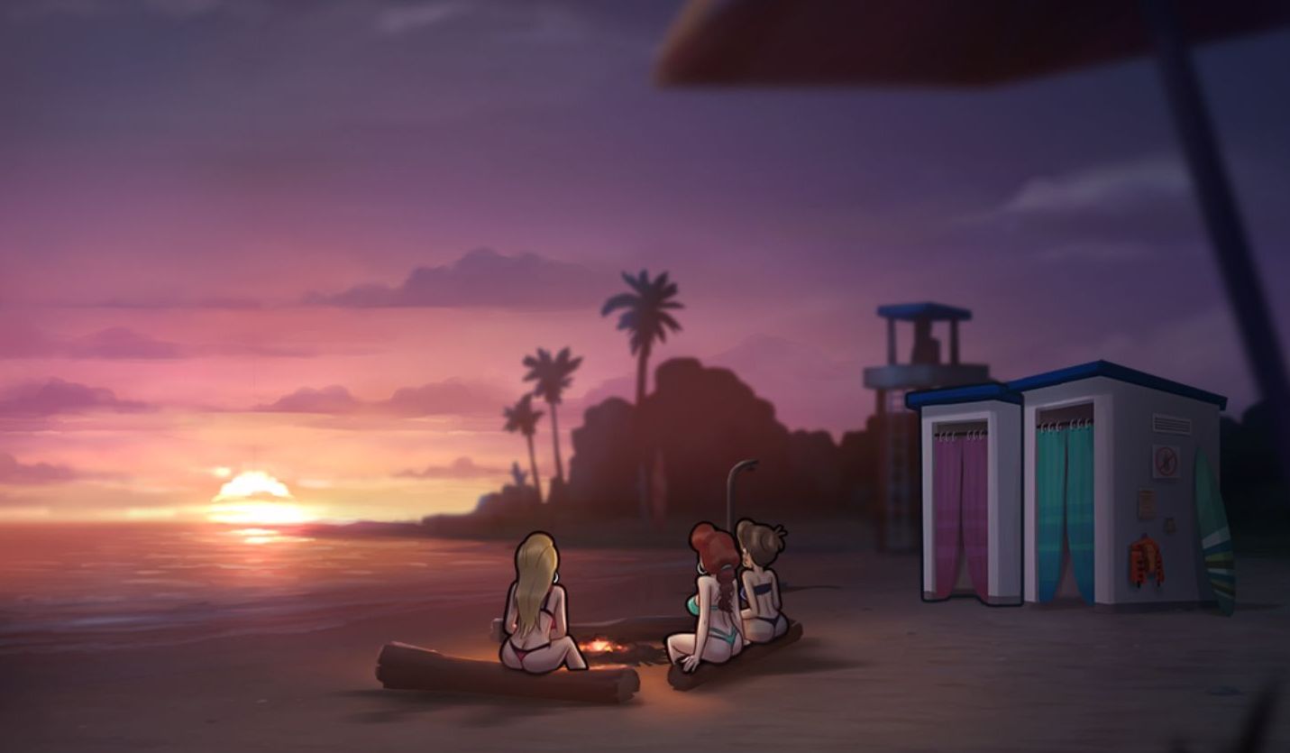 Three girls sit on a beach at sunset