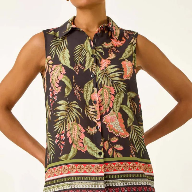 Roman, Pink Floral Border Print Button Blouse