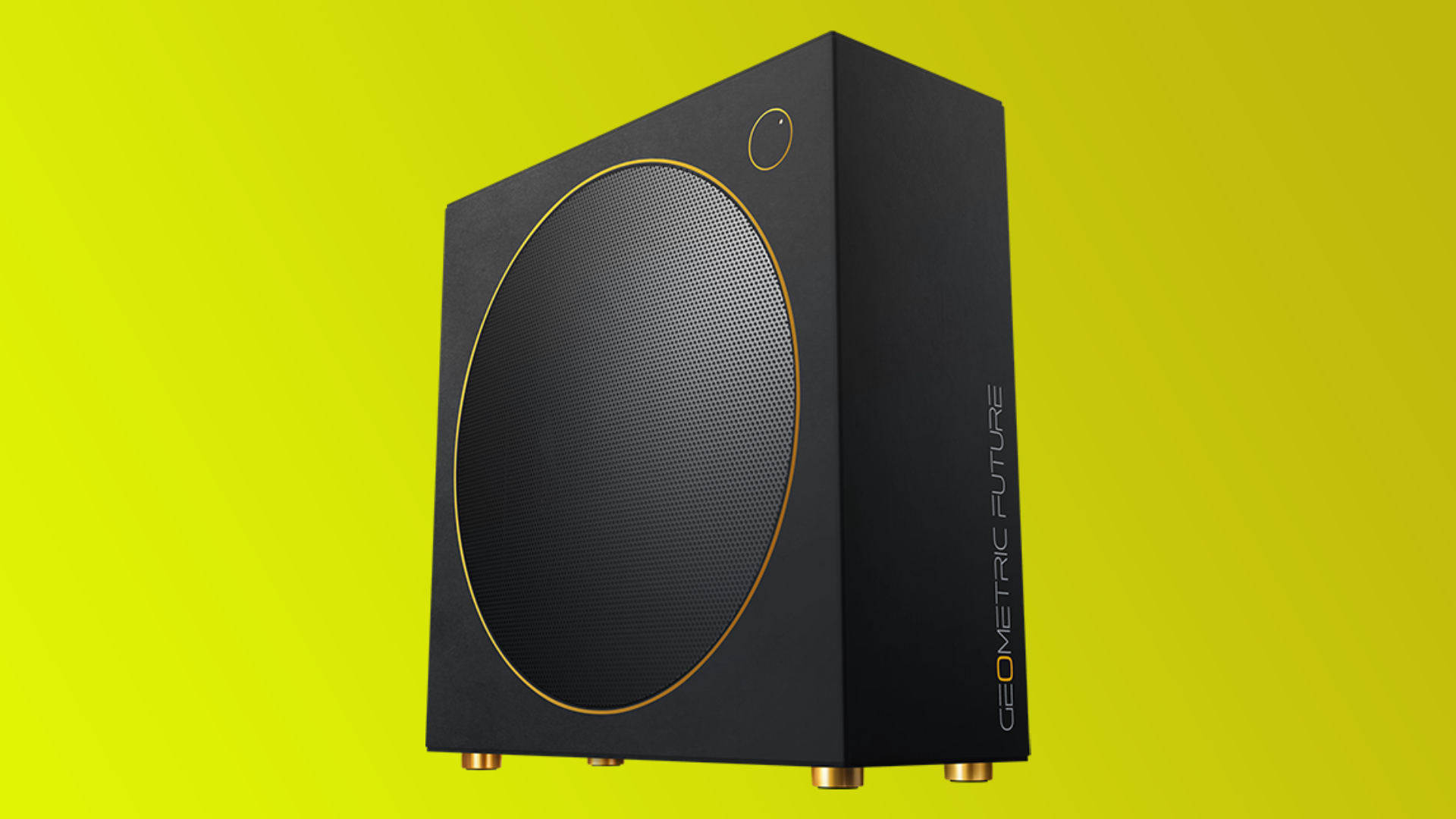 The Geometric Future mini-ITX Model 0 Flamingo PC case on a yellow gradient background.