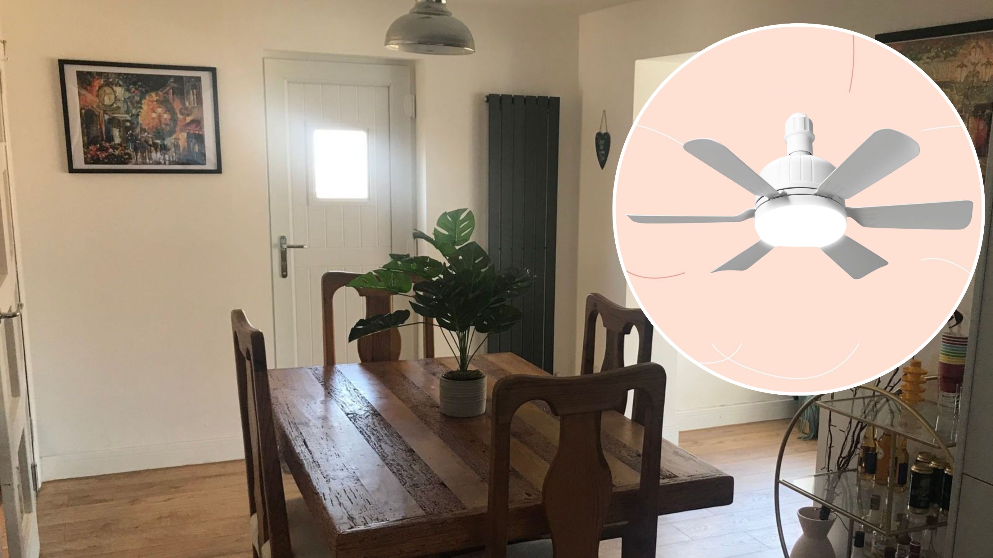 Cut out of the Amazon ceiling fan on a pink background, overlaid on a picture of my kitchen diner 