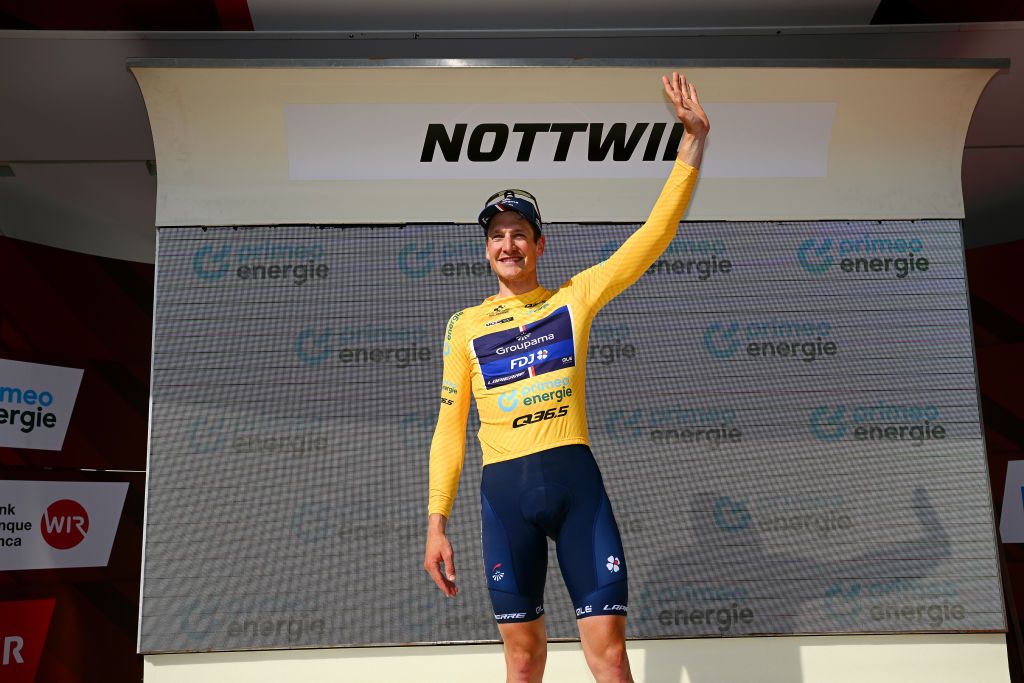 NOTTWIL SWITZERLAND JUNE 12 Stefan Kng of Switzerland and Team GroupamaFDJ celebrates at podium as Yellow leader jersey winner during the 86th Tour de Suisse 2023 Stage 2 a 1737km stage from Beromnster to Nottwil UCIWT on June 12 2023 in Nottwil Switzerland Photo by Dario BelingheriGetty Images