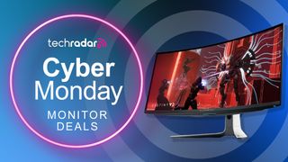 An Alienware gaming monitor against a TechRadar Cyber Monday monitor deals background
