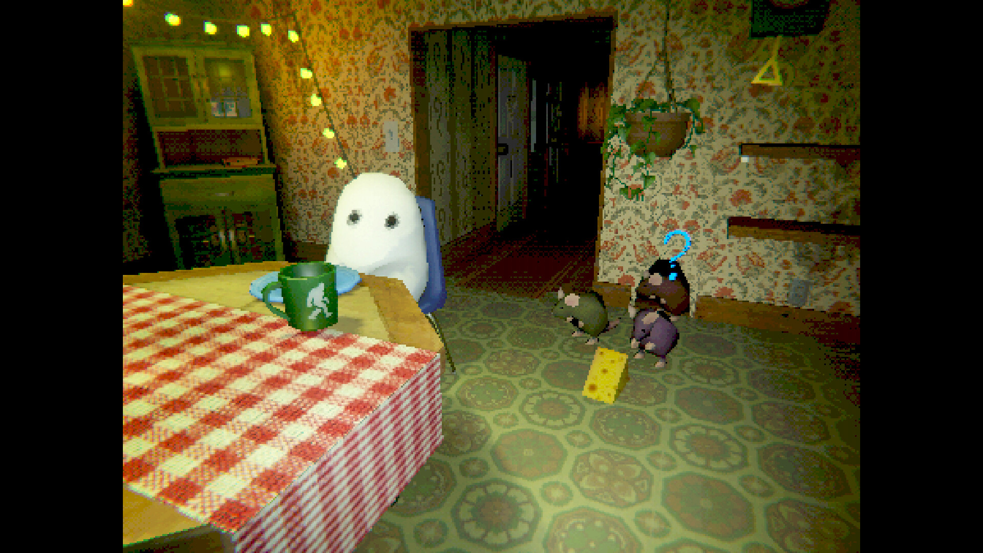An egg-shaped cryptid sits at the kitchen table while mice emerge from a hole in the wall in Creature Kitchen.