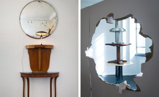 The photo to the left shows a round mirror hung on the wall, below which is a wooden desk with a lamp on it. The photo to the right shows tables stacked one on top of the other through a broken plywood wall.