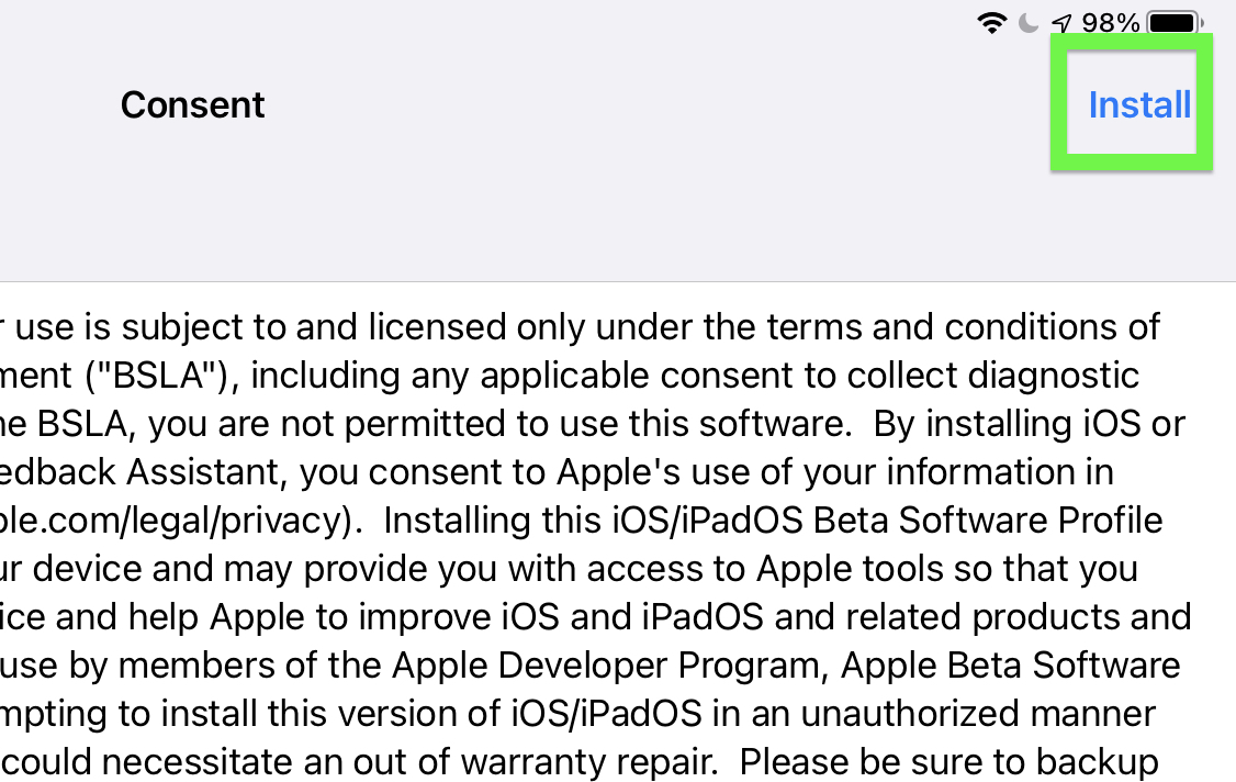 iPadOS 15 beta developer step 12 — tap Install again