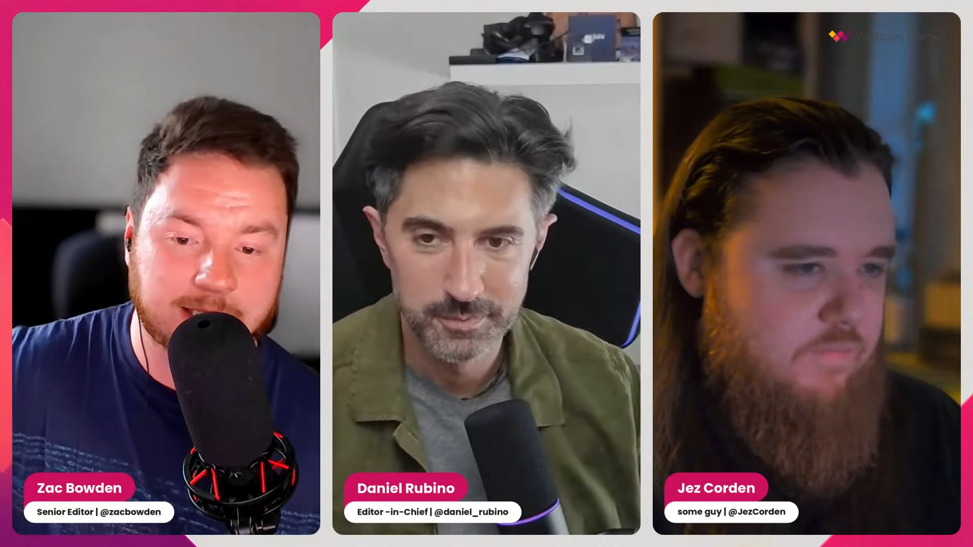 Three podcasters, Zac Bowden, Daniel Rubino, and Jez Corden, talking on a live stream.