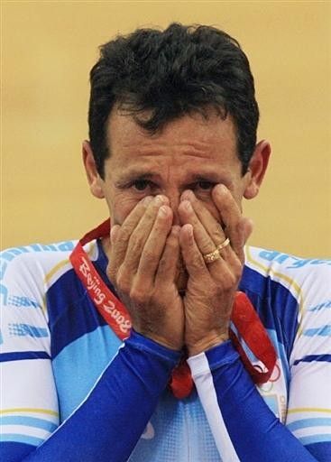 Juan Esteban Curuchet (Argentina) was emotional after taking his first gold medal in the men's madison,