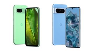 The green Pixel 8a next to the blue Pixel 8 Pro