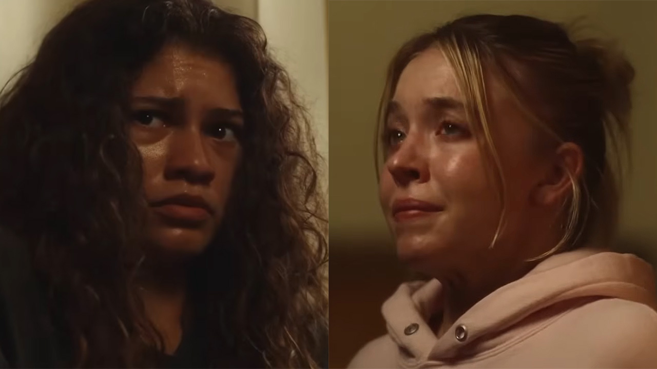 Screenshots of Rue and Cassie looking sad as Sydney Sweeney and Zendaya act hard in Euphoria.