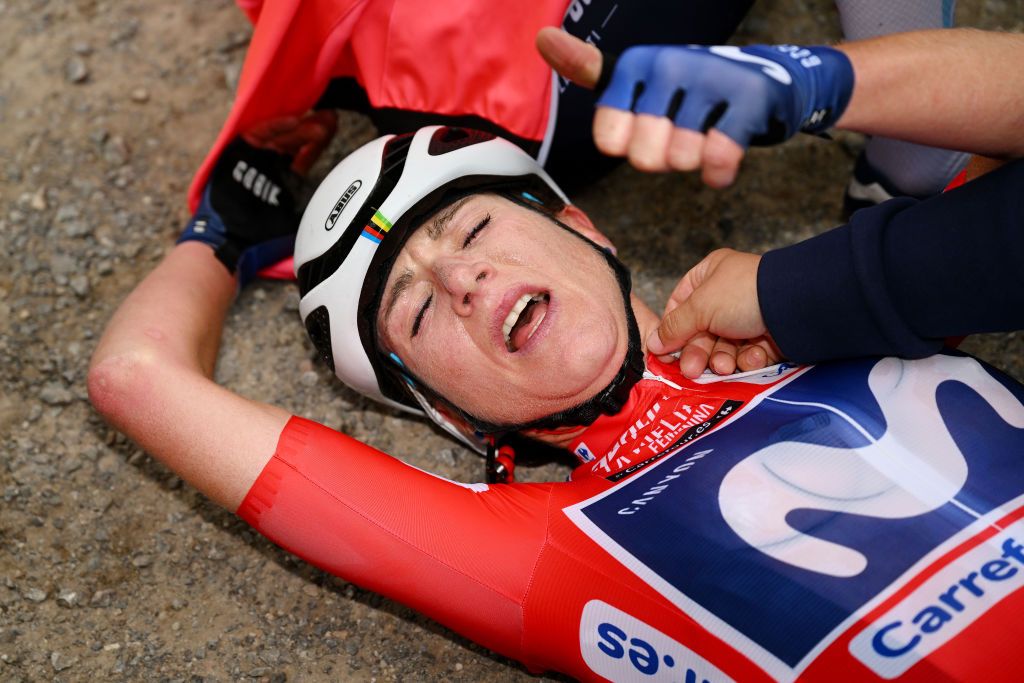LAGOS DE COVADONGA SPAIN MAY 07 Race winner Annemiek Van Vleuten of The Netherlands and Movistar Team Red Leader Jersey reacts after the 9th La Vuelta Femenina 2023 Stage 7 a 937km stage from Pola de Siero to Lagos de Covadonga 1079m UCIWWT on May 07 2023 in Lagos de Covadonga Spain Photo by Dario BelingheriGetty Images