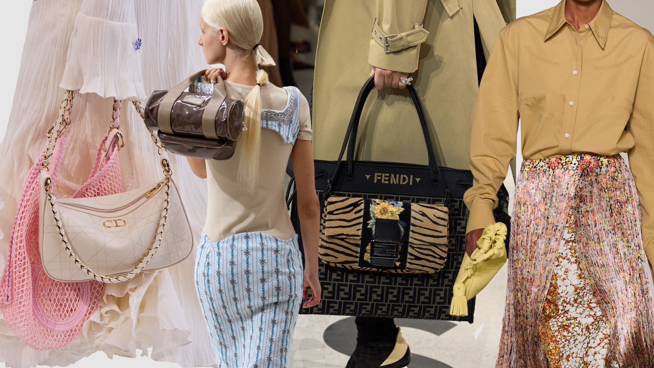 Collage showing the stacked mini handbag trend on the AW 26 and SS27 runways 