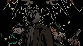 An anthropomorphic dog detective and his two sidekicks surrounded by shadowy figures