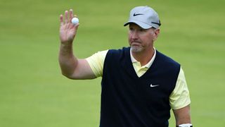 David Duval acknowledges the crowd after finishing on the 18th green during the second round of the 148th Open Championship held on the Dunluce Links at Royal Portrush Golf Club on July 19, 2019 in Portrush, United Kingdom.