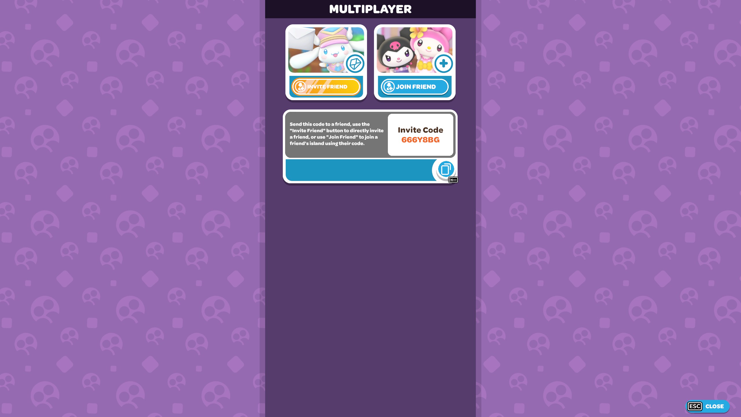 Hello Kitty Island Adventure multiplayer screen showing options to Invite Friend or Join Friend and an Invite Code to copy.