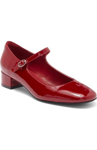 red Mary Jane shoes with a low block heel