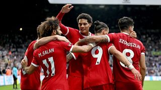 Liverpool players celebrate after a 2-1 win at Newcastle in the Premier League in August 2023.