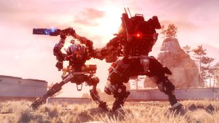 A stylish shot of two Titan battling in Titanfall 2