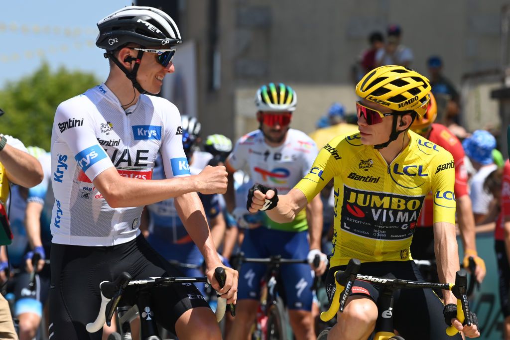 SAINTLONARDDENOBLAT FRANCE JULY 09 LR Tadej Pogacar of Slovenia and UAE Team Emirates White Best Young Rider Jersey and Jonas Vingegaard of Denmark and Team JumboVisma Yellow Leader Jersey prior to the stage nine of the 110th Tour de France 2023 a 1824km stage from SaintLonarddeNoblat to Puy de Dme 1412m UCIWT on July 09 2023 in SaintLonarddeNoblat France Photo by Tim de WaeleGetty Images