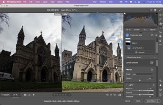 Screenshot of Adobe Lightroom showing the editing process of lightening an image of an old church