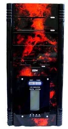 The same black and red fiery theme carries right though the front panel. The top two bays have a nice integrated design for the faceplate which might be confusing in the end though if you don't remember which drive you put in what bay. In the middle of th