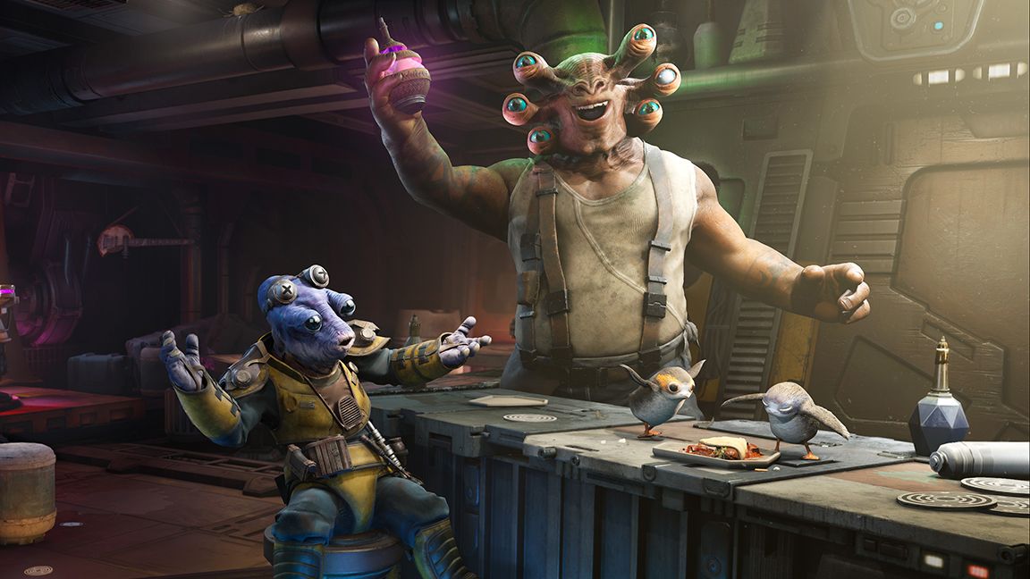 Star Wars Galaxy&#039;s Edge Enhanced Edition for PSVR 2; two aliens in a bar