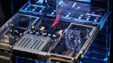 A macro shot of an Nvidia GB300 GPU on display on a conference show floor.