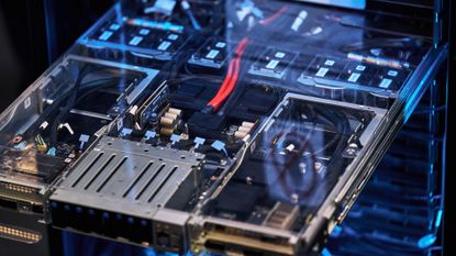 A macro shot of an Nvidia GB300 GPU on display on a conference show floor.