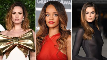 a picture of lily james, rihanna and kaia gerber - balayage hair ideas