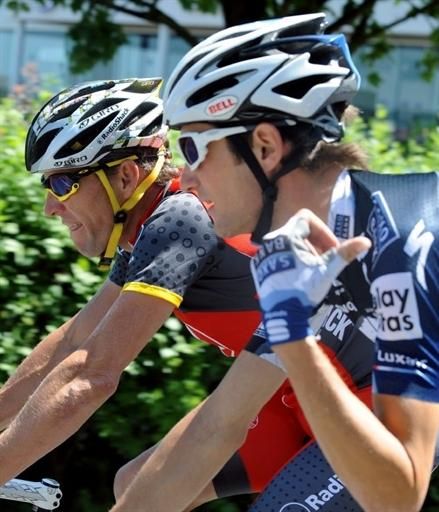 Frank Schleck (Saxo Bank) plays tour guide to Lance Armstrong in Luxembourg.