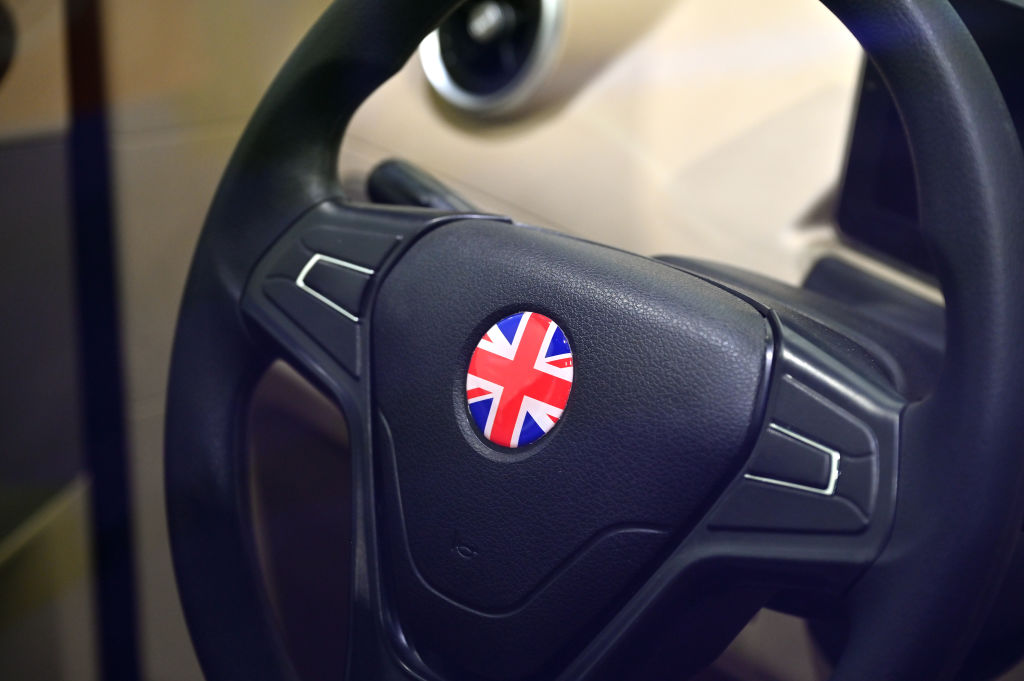 The steering wheel with union Jack British flag in a Dogood Motors Zero fully electric Micro-EV car