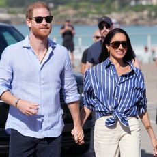 Prince Harry and Meghan Markle wearing sunglasses walking outside