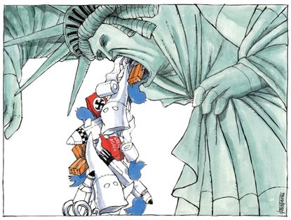 Political cartoon U.S. America racism KKK Trump tweets nuclear war