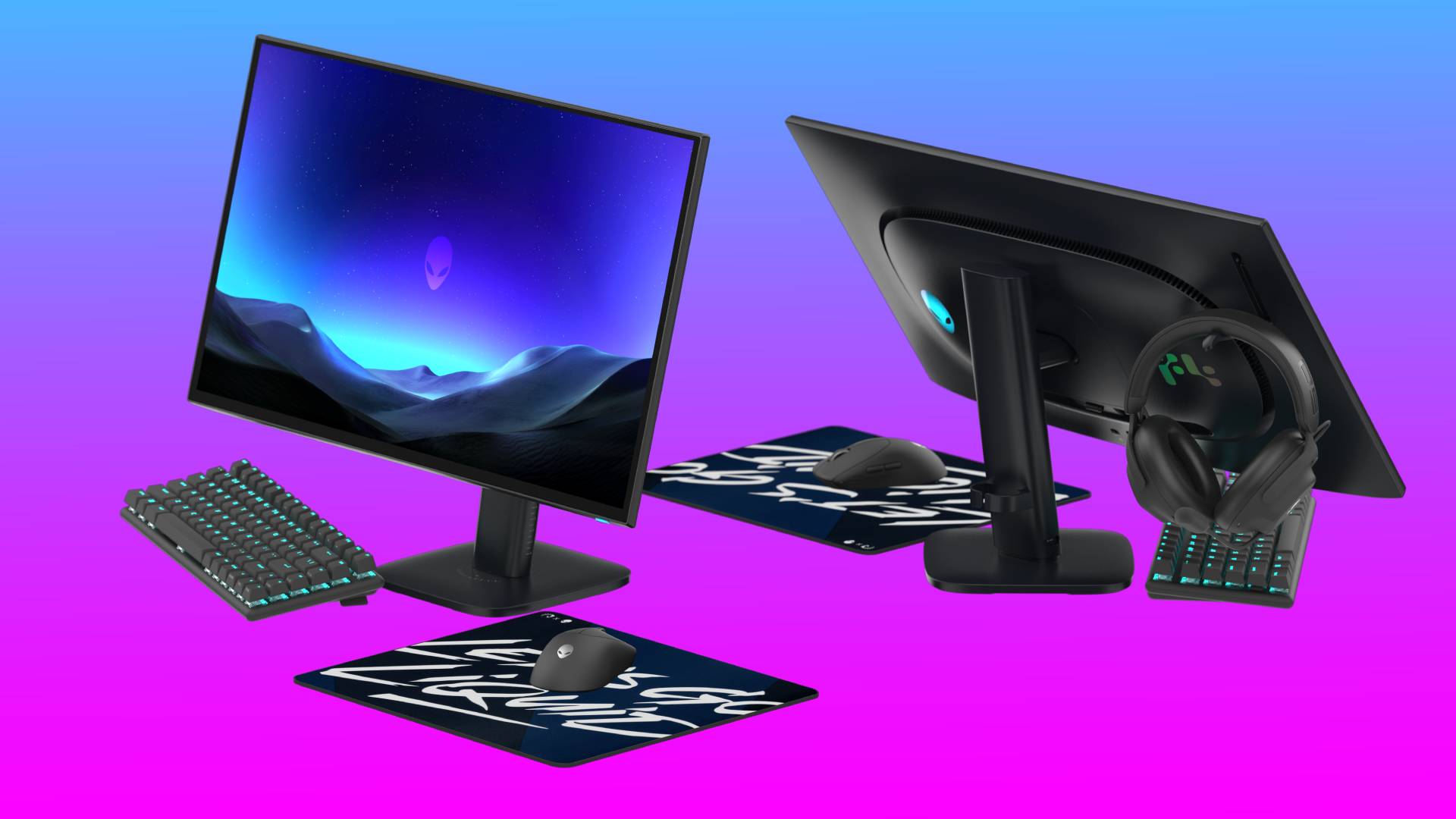 Two gaming OLEDs from Alienware float in a pink-blue gradient void.