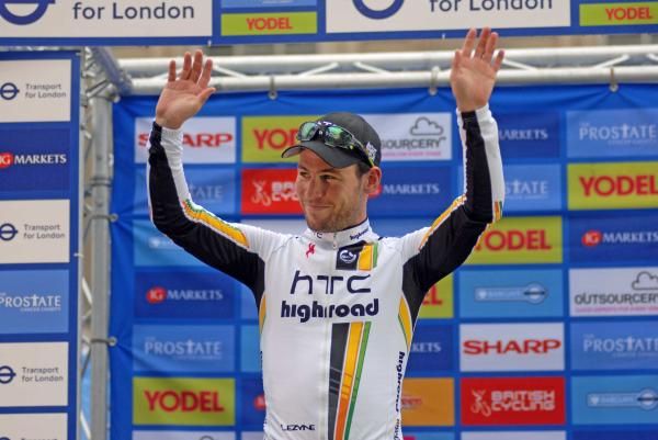 Mark Cavendish (HTC-Highroad) on the podium after winning the final stage.