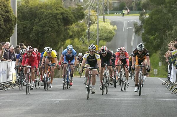 Rico Rogers (centre) of the Budget Forklifts team takes out his second stage in a row sprinting over the top of Daniel McConnell (Bass Coast Shire) and Kane Walker (Apollo Bicycles).