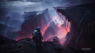 a person in a spacesuit on an alien planet looks down into a deep chasm