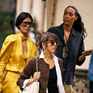a collage of three women wearing stylish outfits and accessories during new york fashion week