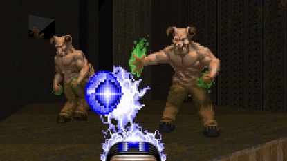Shooting at two Barons of Hell in Doom