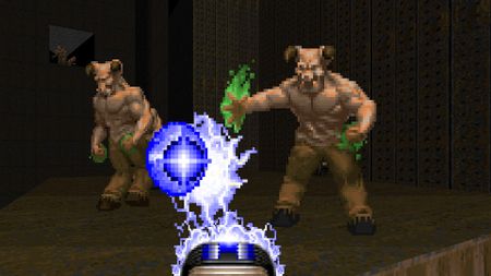 Shooting at two Barons of Hell in Doom
