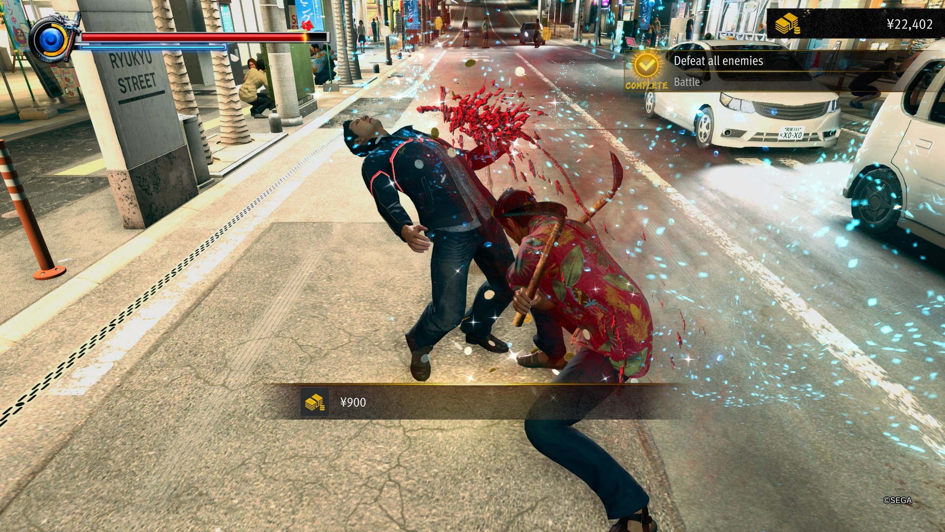 An enemy goes flying in Yakuza Kiwami 3 &amp;amp; Dark Ties as Kiryu attackes with dual scythes