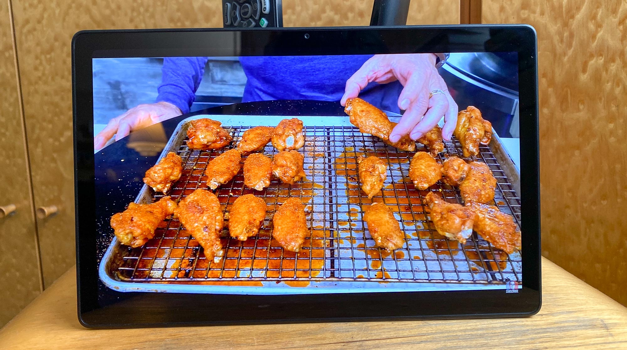 Samsung's Galaxy Tab A7 on a table, showing a cooking video