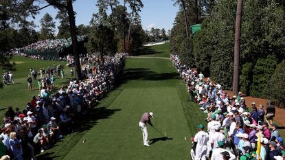 The Masters: Tiger Woods of the United States plays his shot from the 18th tee during the second round of the 2024 Masters Tournament at Augusta National Golf Club 