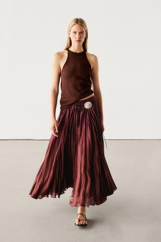 Massimo Dutti pleated burgundy midi skirt