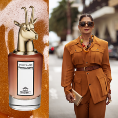 A woman in a caramel suit next to a bottle of changing constance by Penhaligon's