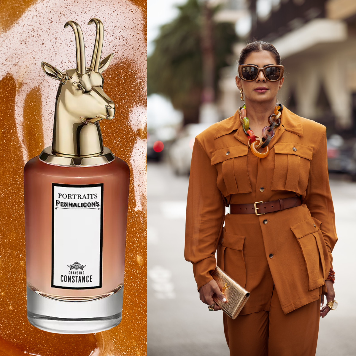 A woman in a caramel suit next to a bottle of changing constance by Penhaligon's