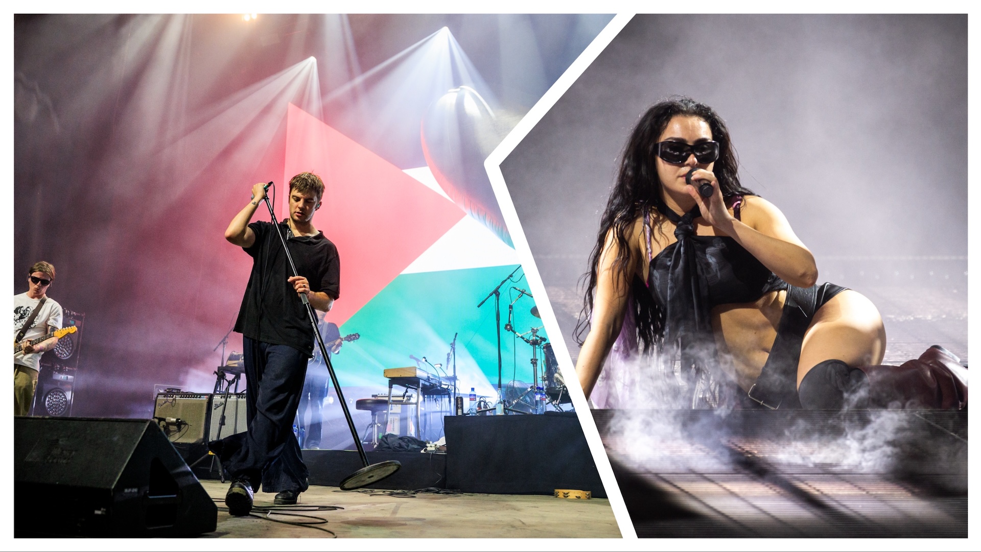 On the left Conor Curley and Grian Chatten from Fontaines D.C. perform on stage at the Oyafestivalen /. on the right Charli XCX performs on the other stage during day four of Glastonbury festival 2025 at Worthy Farm, Pilton on June 28, 2025 in Glastonbury, England