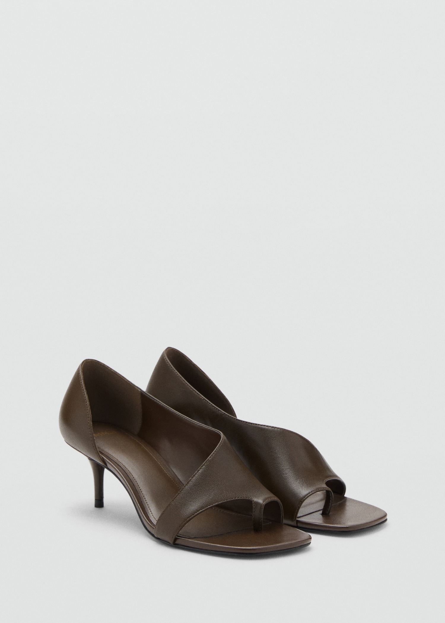 Mango, Asymmetric Leather Sandals in Khaki