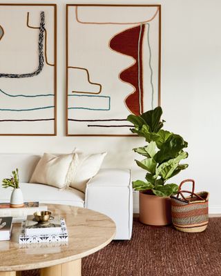 boho living room with terracotta and red